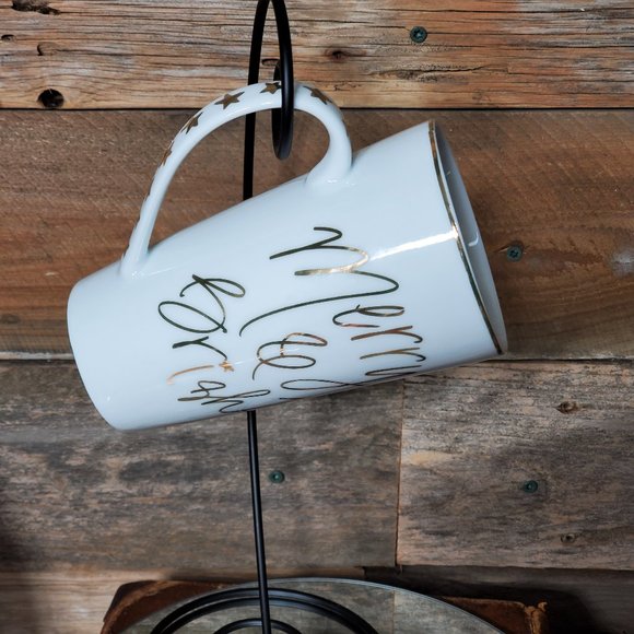 Prima Design Merry & Bright Latte Mug - White Glazed Ceramic - Gold Trim - Picture 1 of 6